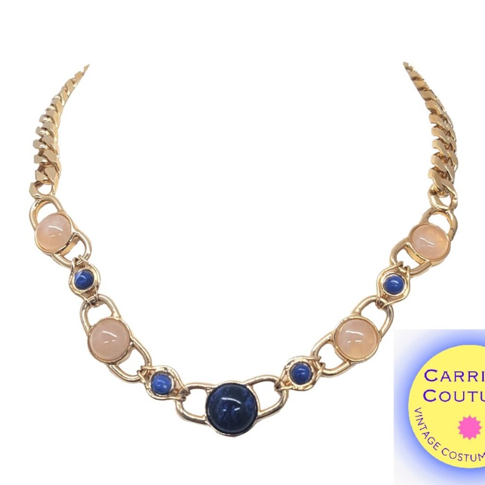 Vintage Signed Bijoux Cascio Italy Cabochon Faux-Lapis & Pink Moonstone Necklace
